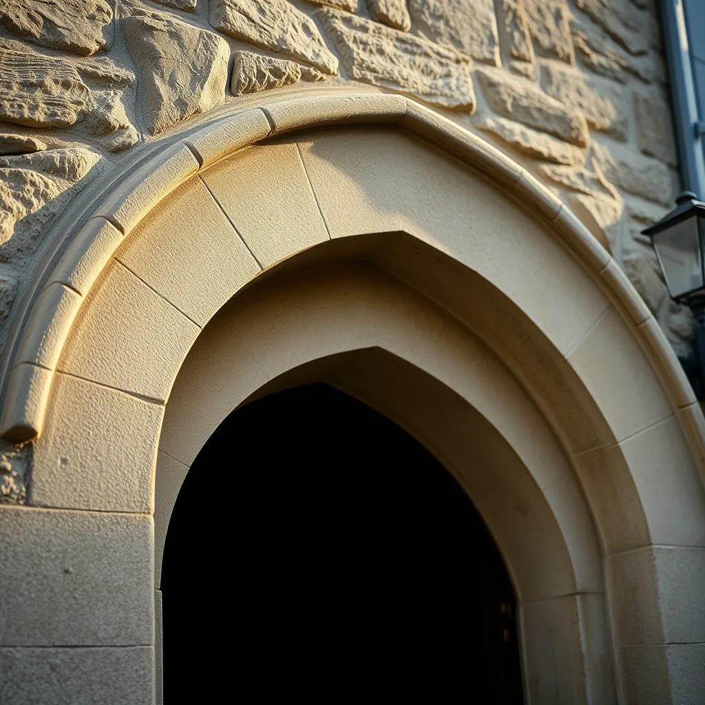 Détail de l'arc en plein cintre et de l'encadrement en pierre d'une porte cintrée