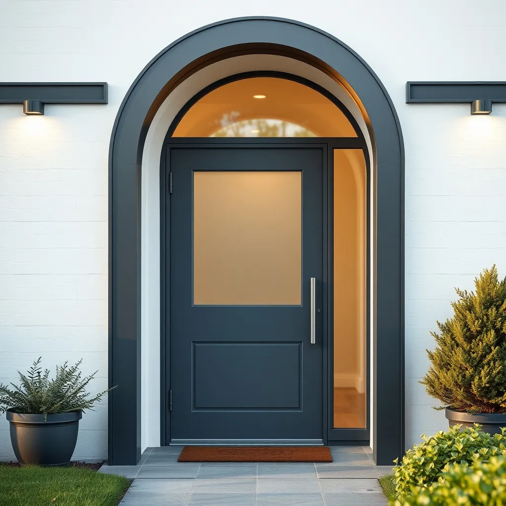 Porte cintrée en aluminium gris anthracite sur une façade contemporaine rénovée