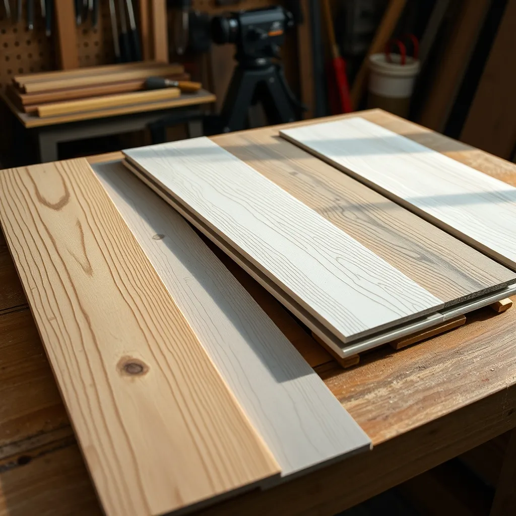 Échantillons de bardages : bois Douglas, composite, PVC et fibro-ciment
