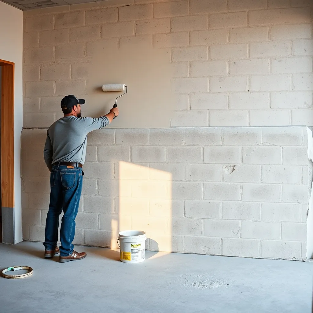 Application d'un primaire d'accrochage sur mur en parpaing avant la pose du parement