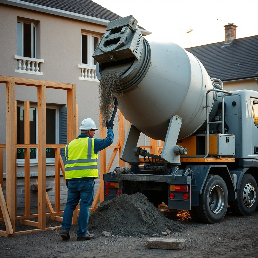 Livraison de béton par toupie directement dans le coffrage de la dalle