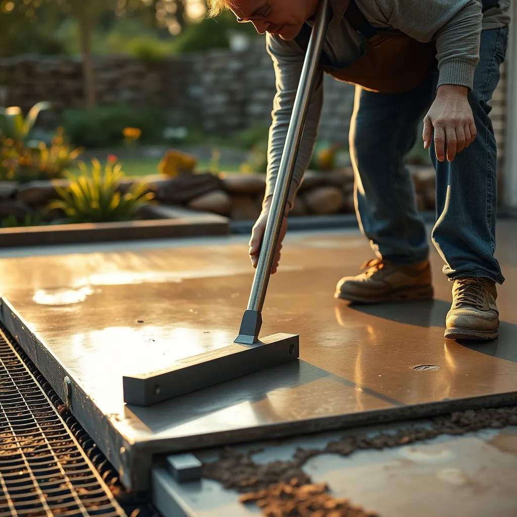 Tirage du béton à la règle aluminium lors du coulage d'une dalle de terrasse