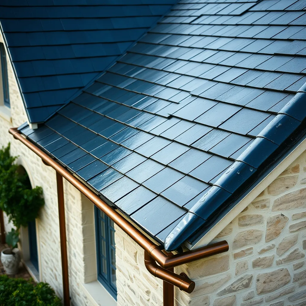 Toiture en ardoise naturelle achevée avec faîtage zinc et gouttières cuivre sur une maison rénovée