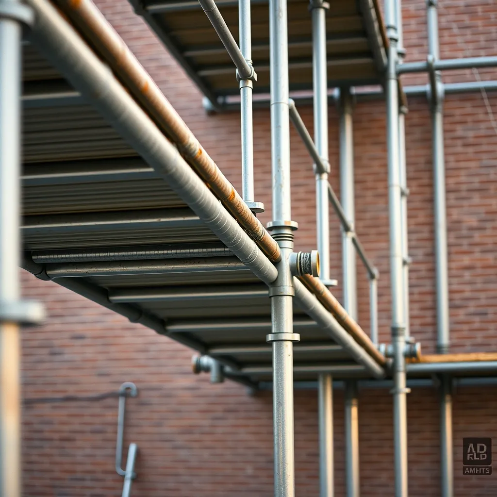 Détail d'un système d'échafaudage multidirectionnel avec rosettes et tubes acier