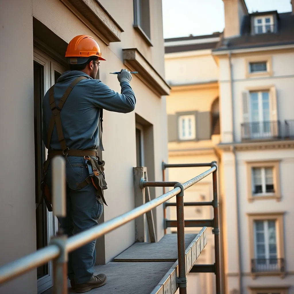 Façadier appliquant un enduit depuis une plateforme d'échafaudage sécurisée