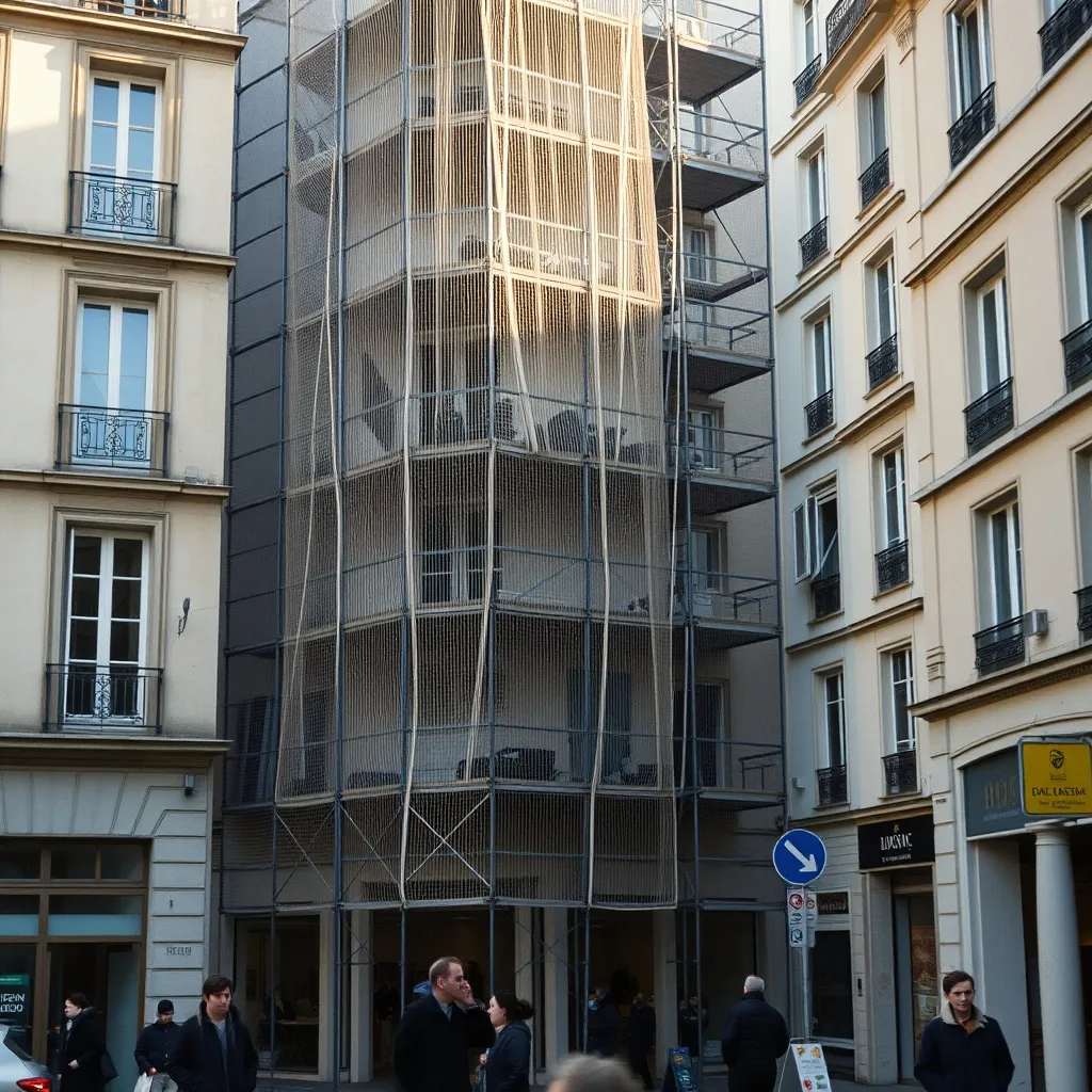 Échafaudage bâché sur un immeuble en milieu urbain avec protection piétons