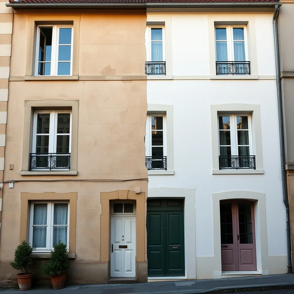 Contraste entre une façade dégradée et une façade après ravalement complet
