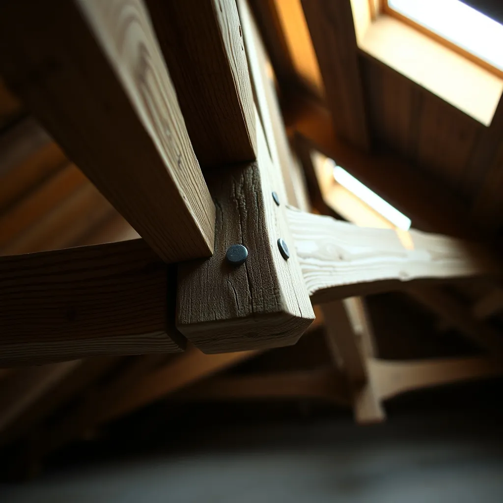 Détail d'un assemblage tenon-mortaise sur une charpente traditionnelle en chêne