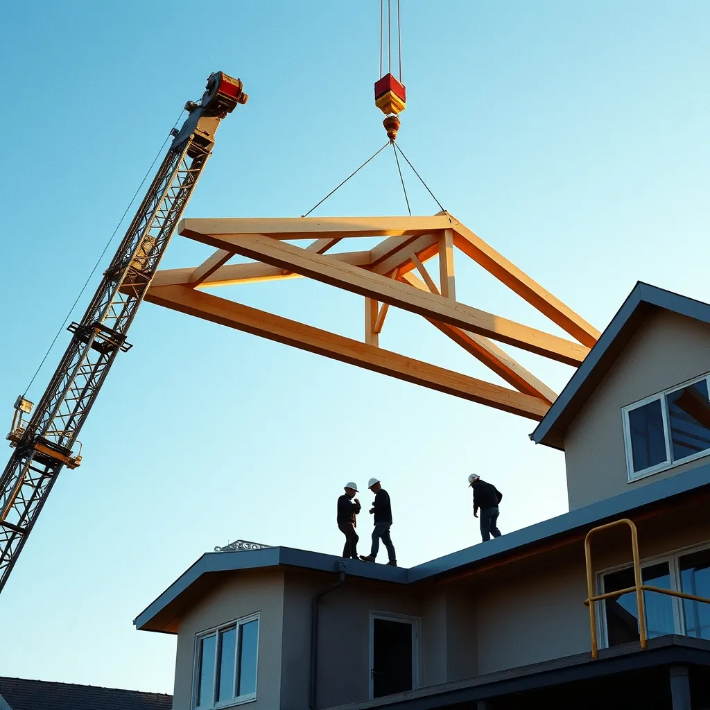 Pose de fermettes industrielles à l'aide d'une grue sur une maison en construction
