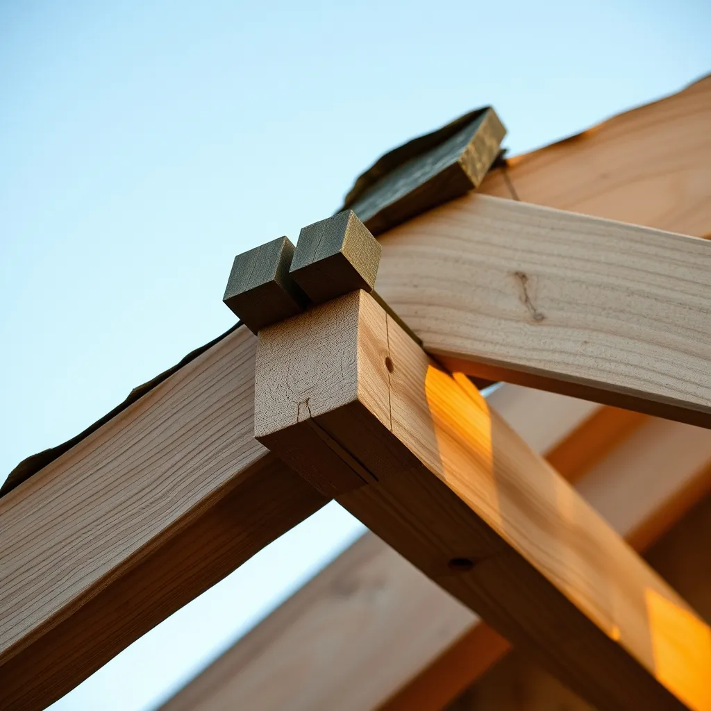 Détail d'un assemblage tenon-mortaise chevillé sur un arêtier de charpente 4 pans