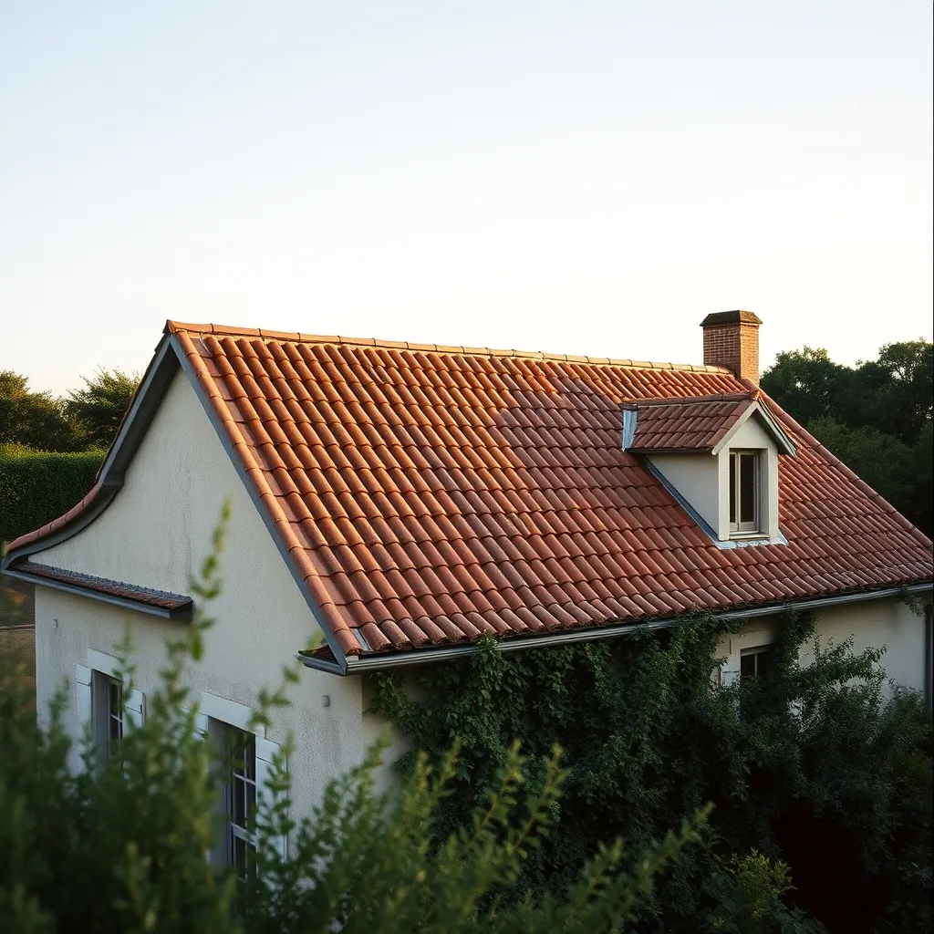Toiture 4 pans achevée avec couverture en tuiles sur une maison de campagne