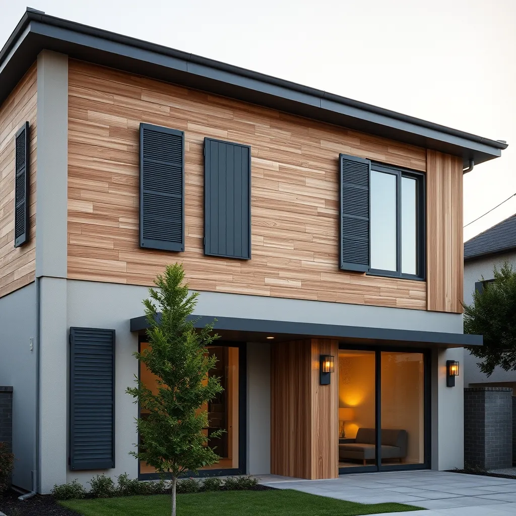 Maison contemporaine associant façade taupe, bardage bois et volets anthracite