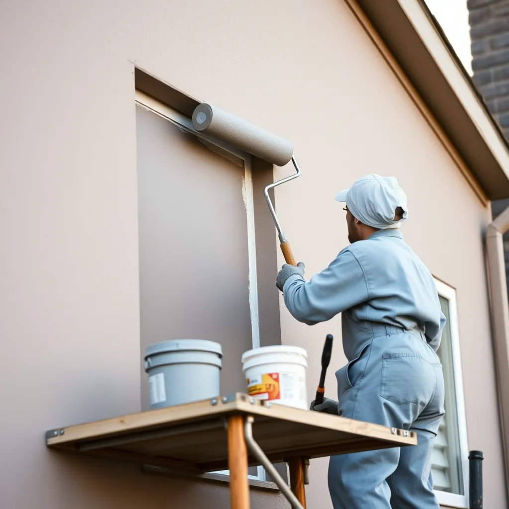 Façadier appliquant une peinture taupe au rouleau depuis un échafaudage