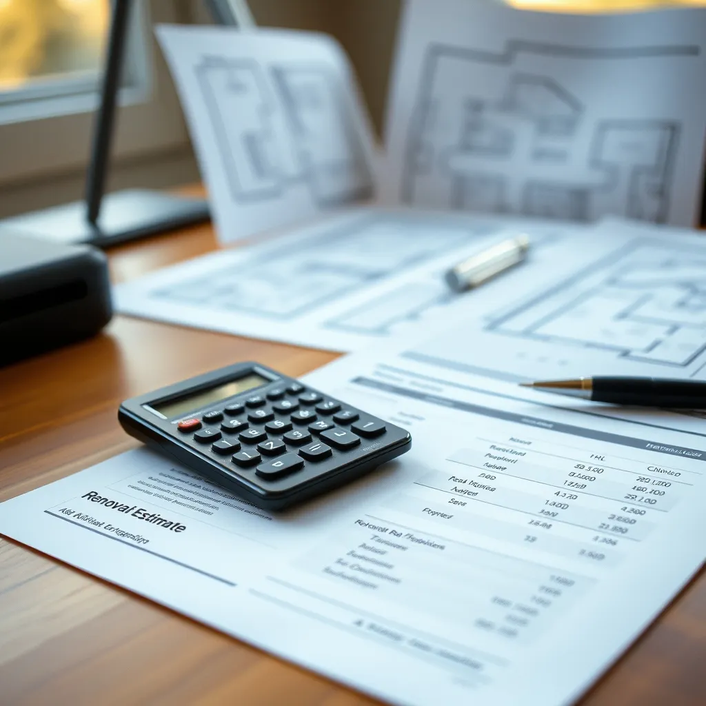 Devis détaillé de rénovation posé sur un bureau avec calculatrice et plans