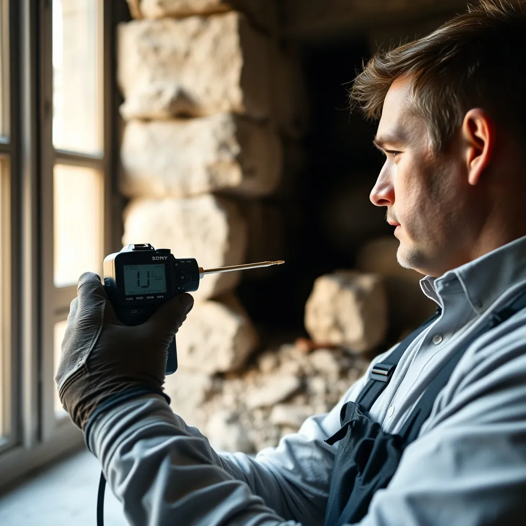 Technicien mesurant le taux d'humidité en profondeur dans un mur ancien à l'aide d'une sonde hygrométrique