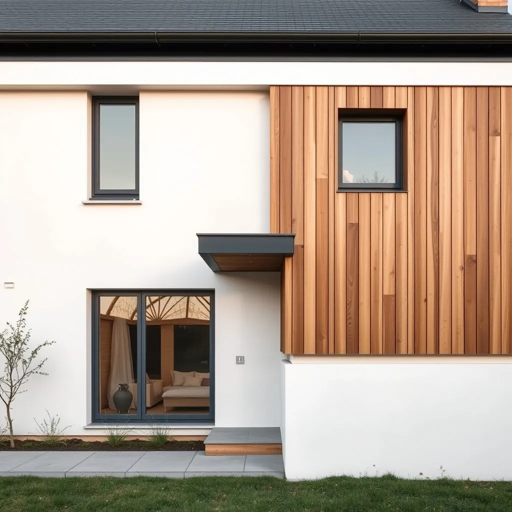 Façade de maison moderne associant enduit blanc et bardage bois vertical