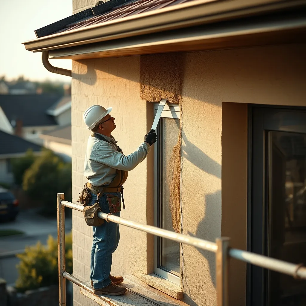 Façadier appliquant un enduit de finition sur une maison en cours de ravalement