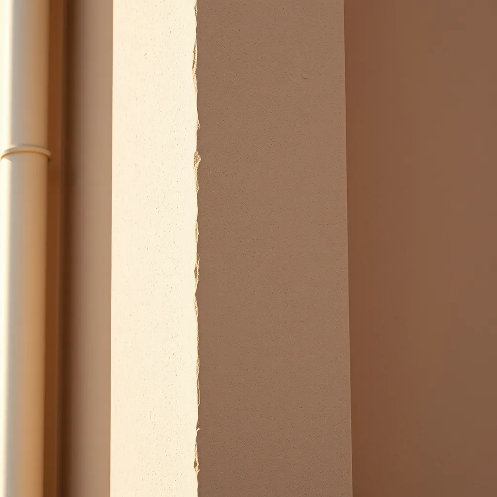 Détail de la jonction entre enduit beige et taupe avec finition talochée