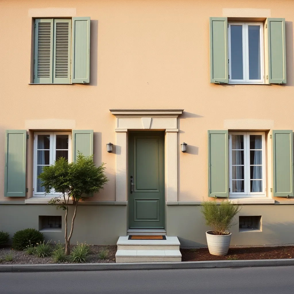 Façade taupe et beige rehaussée par des volets vert sauge pour un effet contemporain