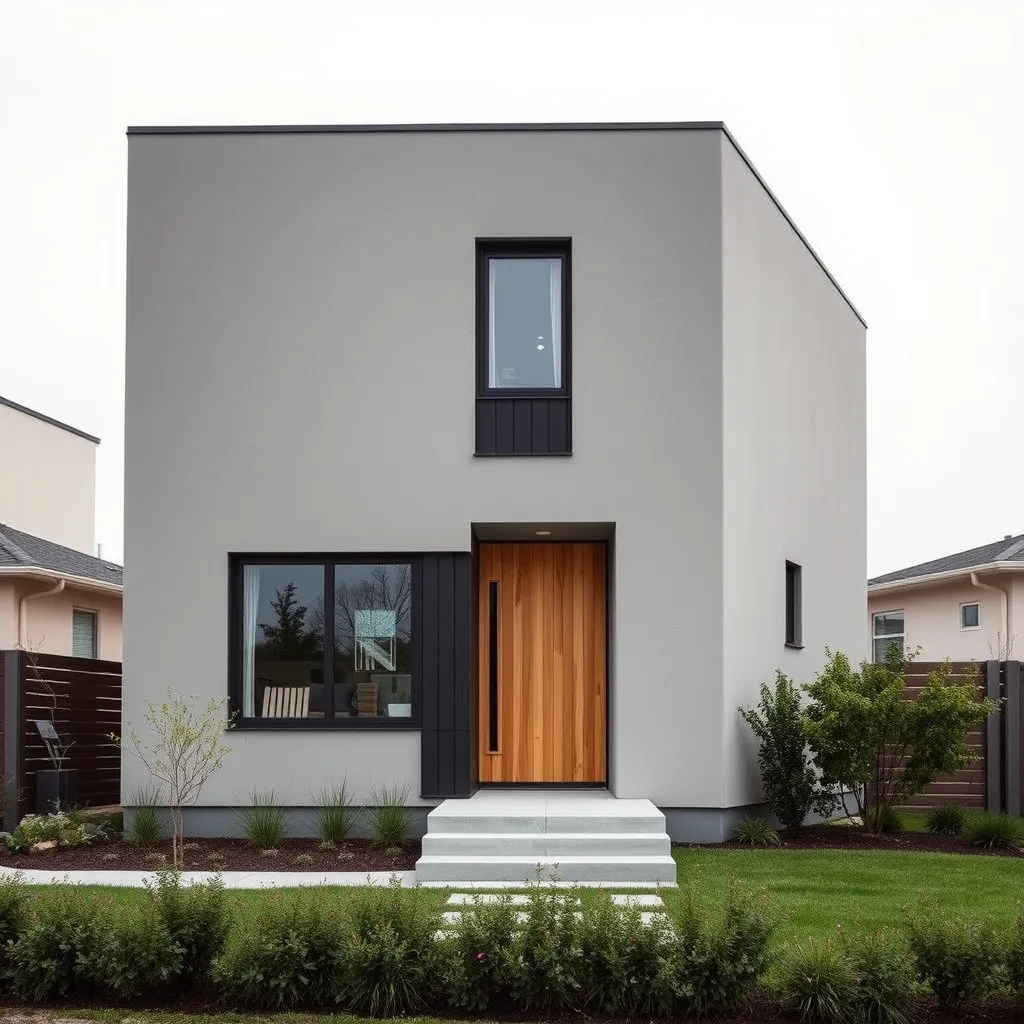 Maison cubique gris perle avec porte anthracite et bardage bois