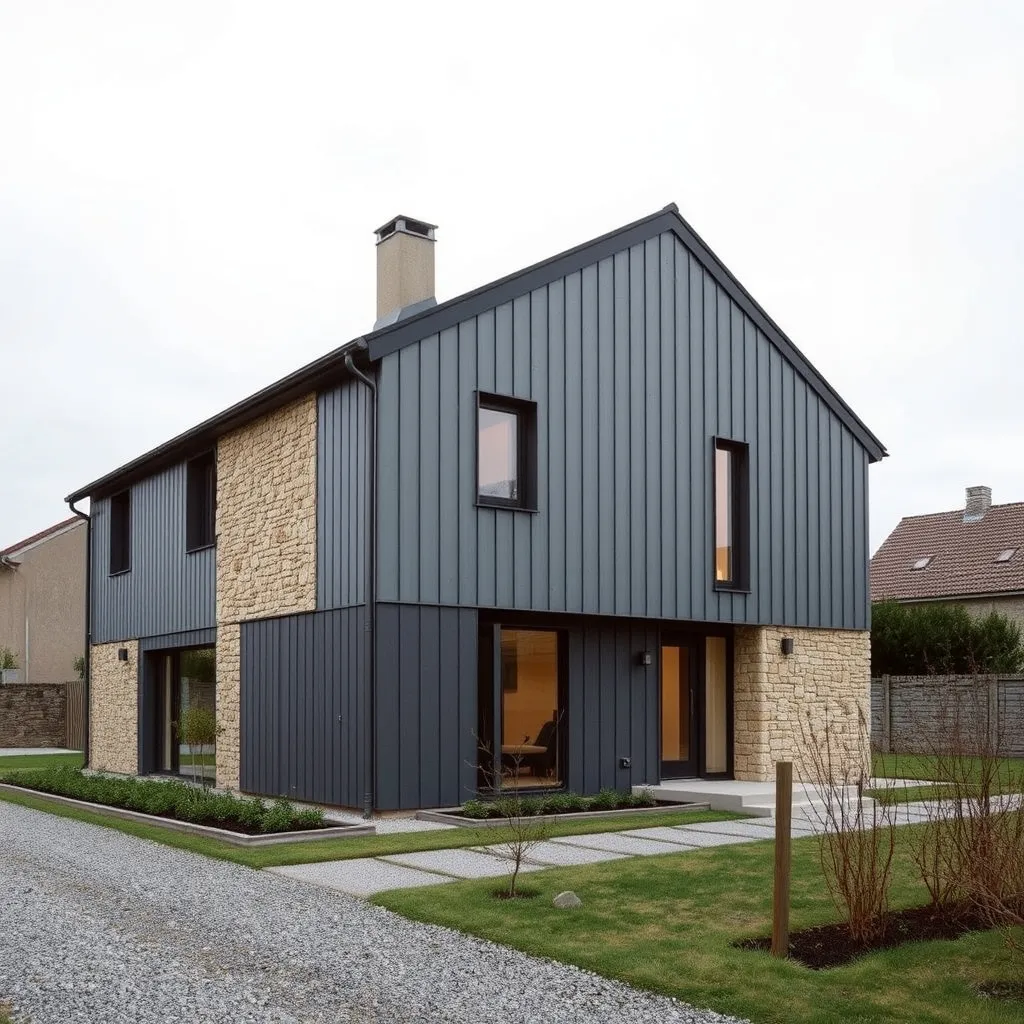 Façade mixte alliant bardage métallique gris et parement en pierre naturelle