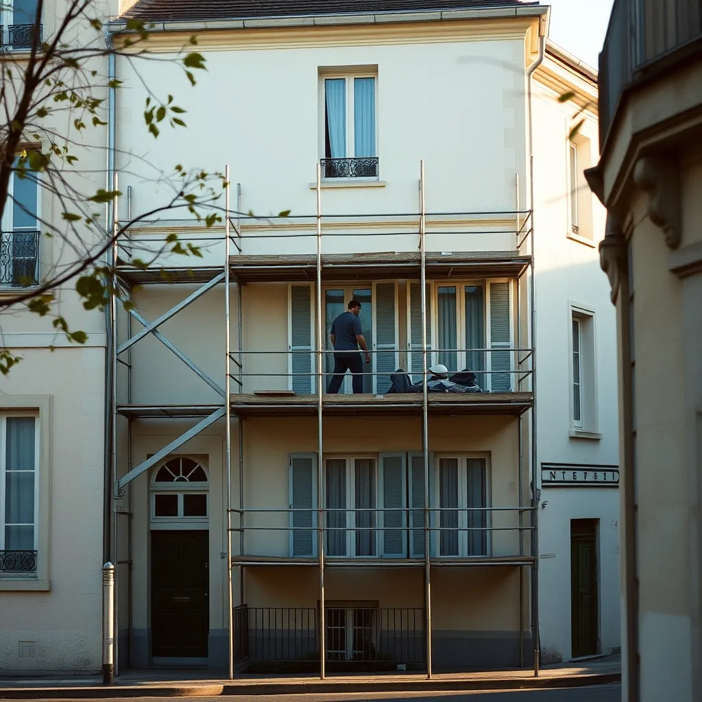 Échafaudage monté pour un ravalement de façade sur une maison à étage