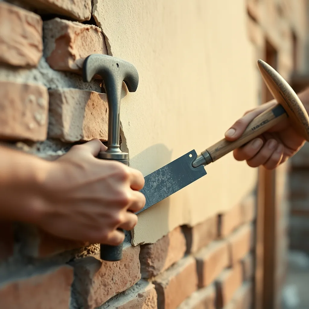 Application d'un enduit à la chaux sur un mur en brique, technique courante à Toulouse