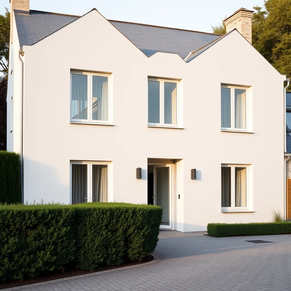Façade moderne simple avec enduit gris clair lissé et menuiseries aluminium anthracite