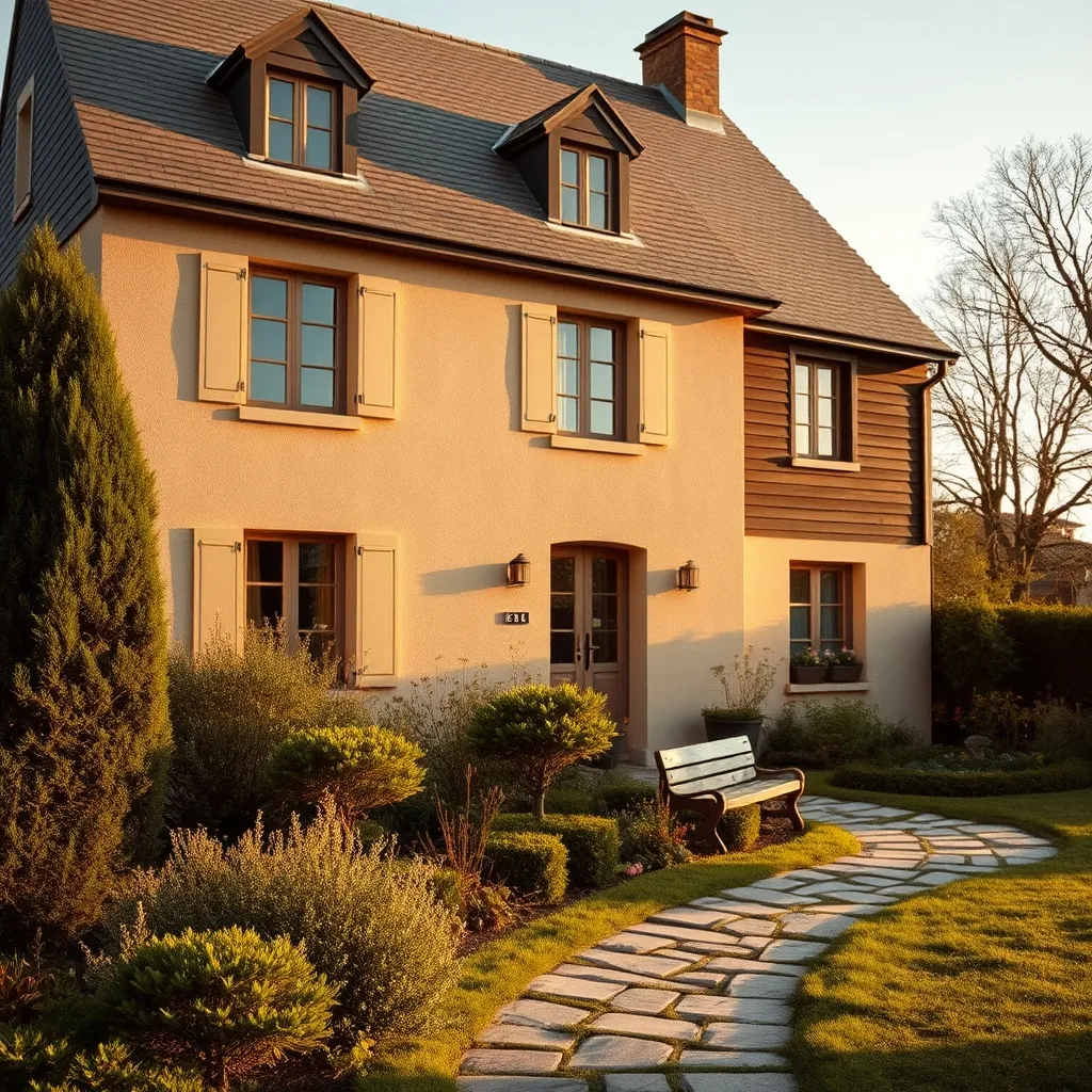 Maison avec façade bicolore beige et bardage composite foncé en étage
