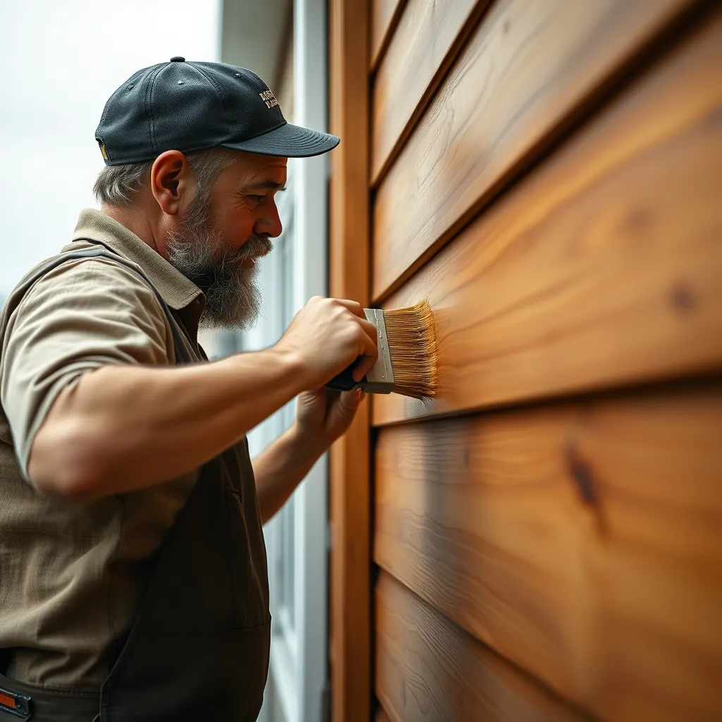 Application d'une lasure teintée au pinceau large sur un bardage en bois extérieur