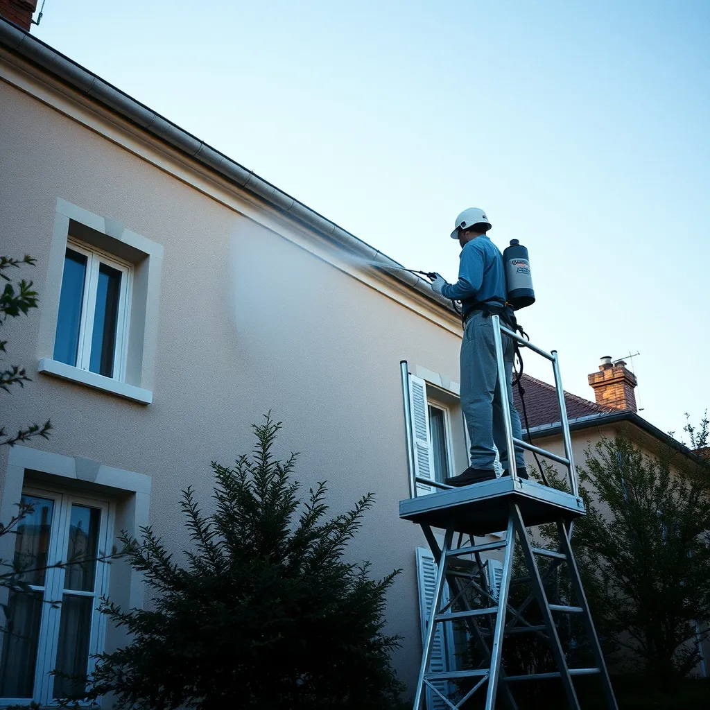 Application d'un traitement anti-mousse sur échafaudage pour une façade à étage