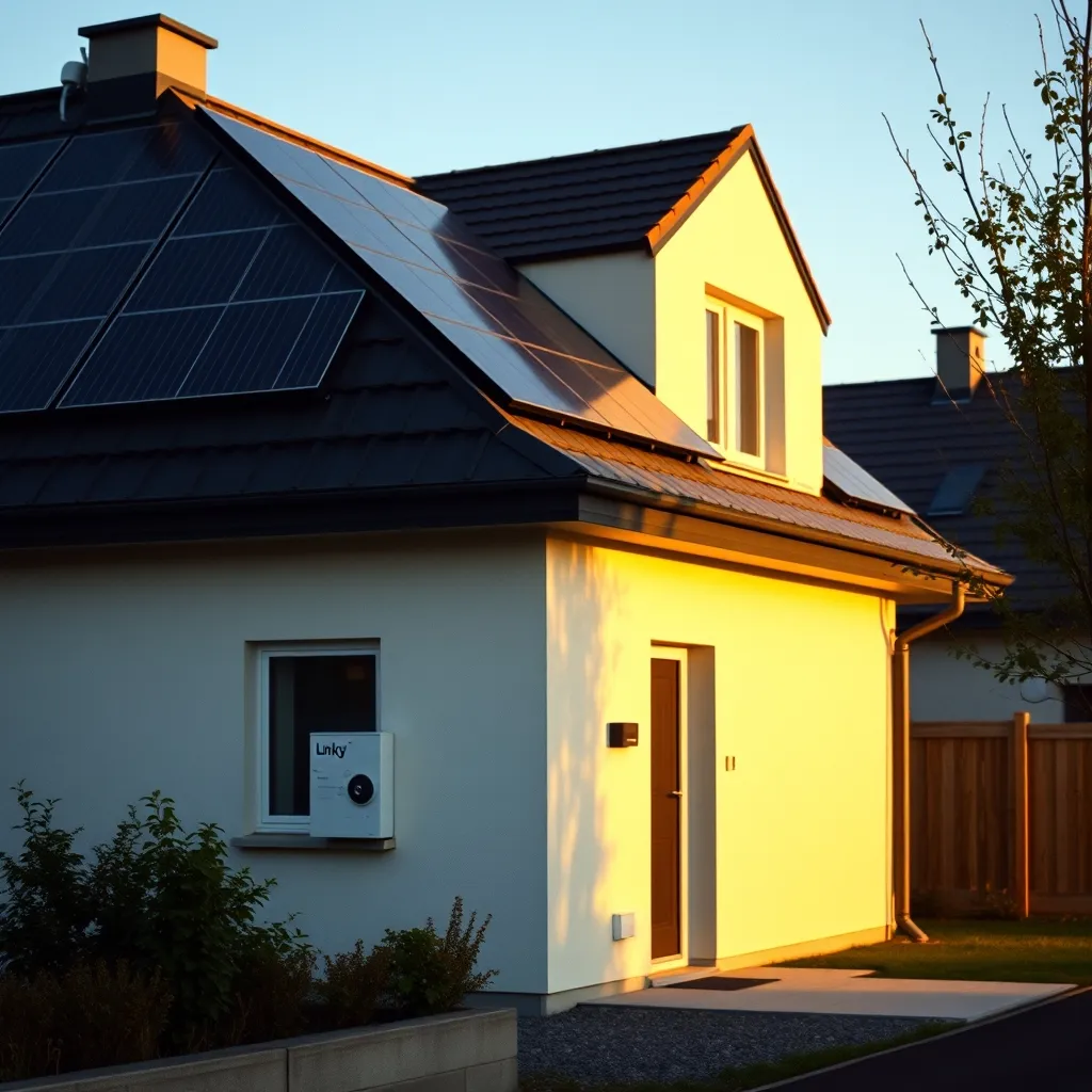 Maison individuelle neuve équipée de panneaux photovoltaïques et d'un compteur Linky, conforme RE 2020