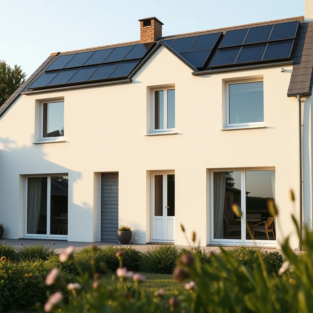 Maison individuelle neuve respectant la RE 2020 avec façade claire et panneaux solaires intégrés