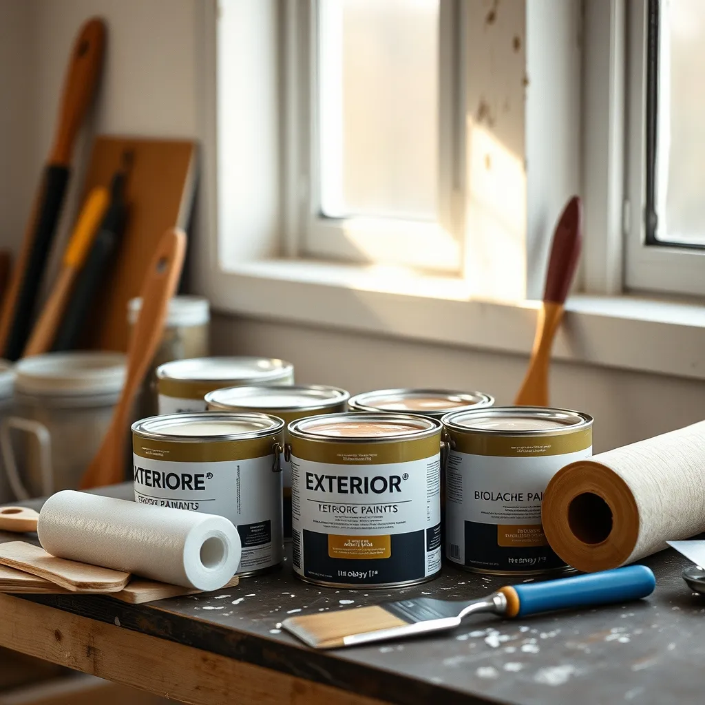 Pots de peinture extérieure ouverts avec pinceaux et rouleaux d'application