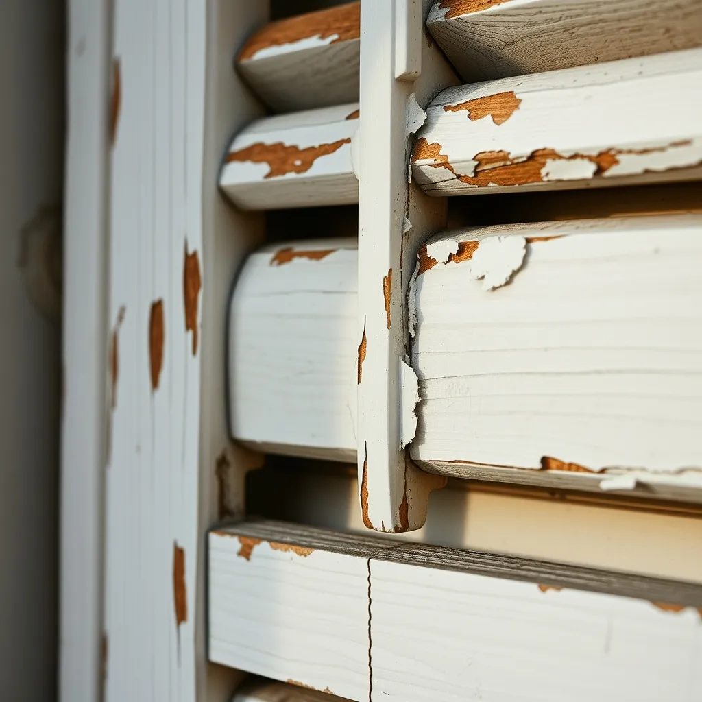Volet en bois montrant un écaillement de peinture après exposition aux intempéries