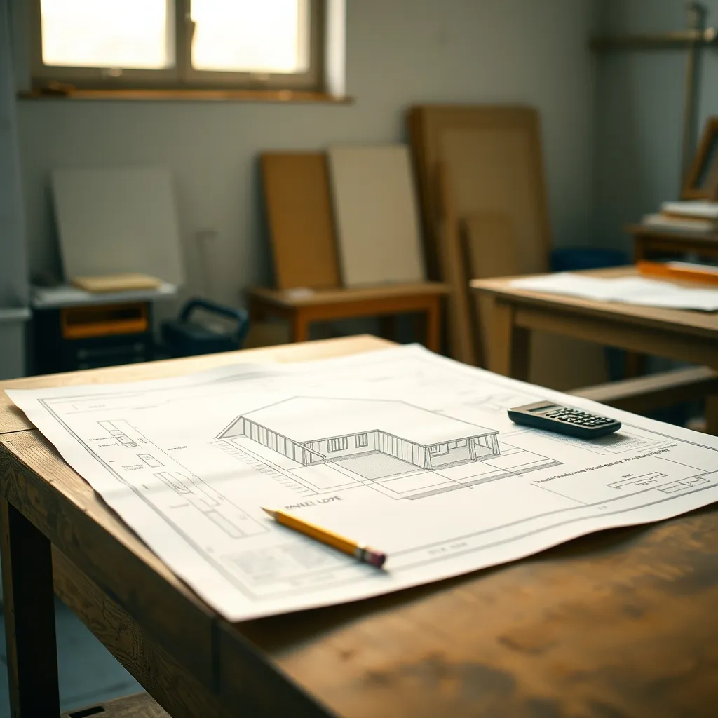Plans techniques de charpente monopente étalés sur un établi d'atelier