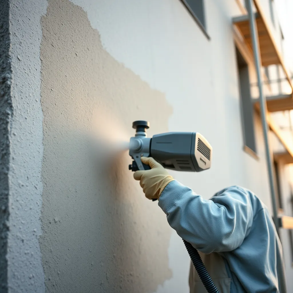 Application d'un enduit projeté sur un mur extérieur à la machine