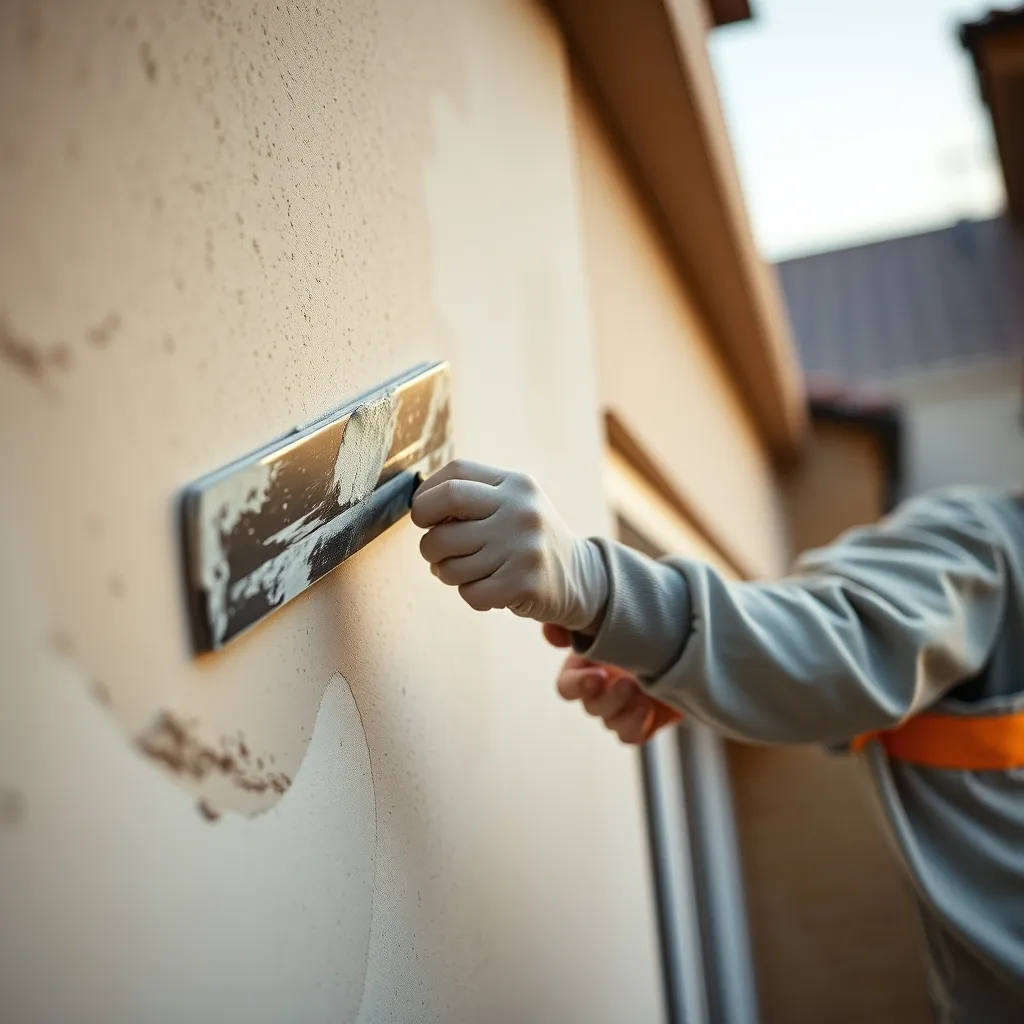 Application d'un enduit de ravalement à la taloche sur une façade de maison