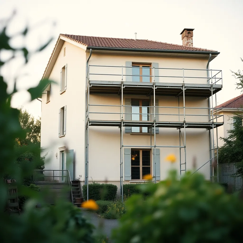 Échafaudage installé autour d'une maison pour un chantier de ravalement