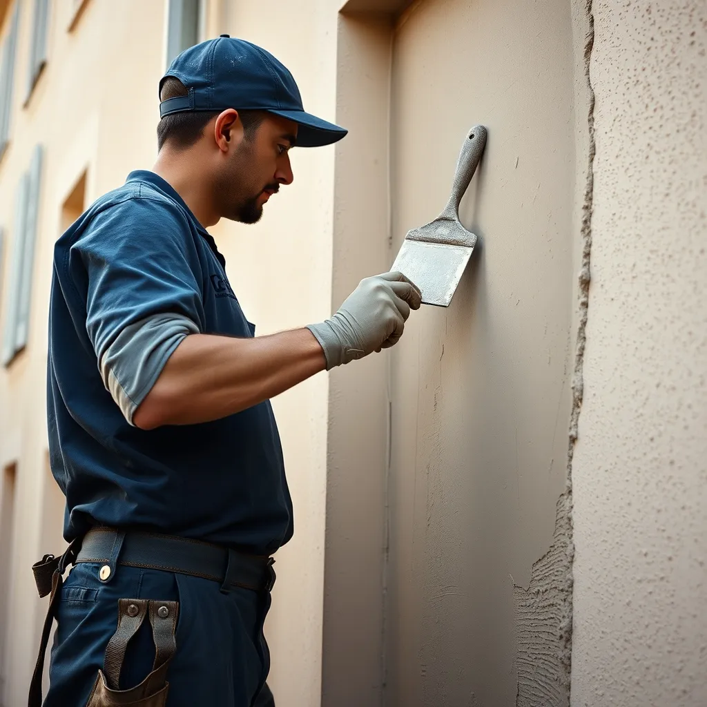 Façadier appliquant un enduit taloché sur le mur extérieur d'une maison