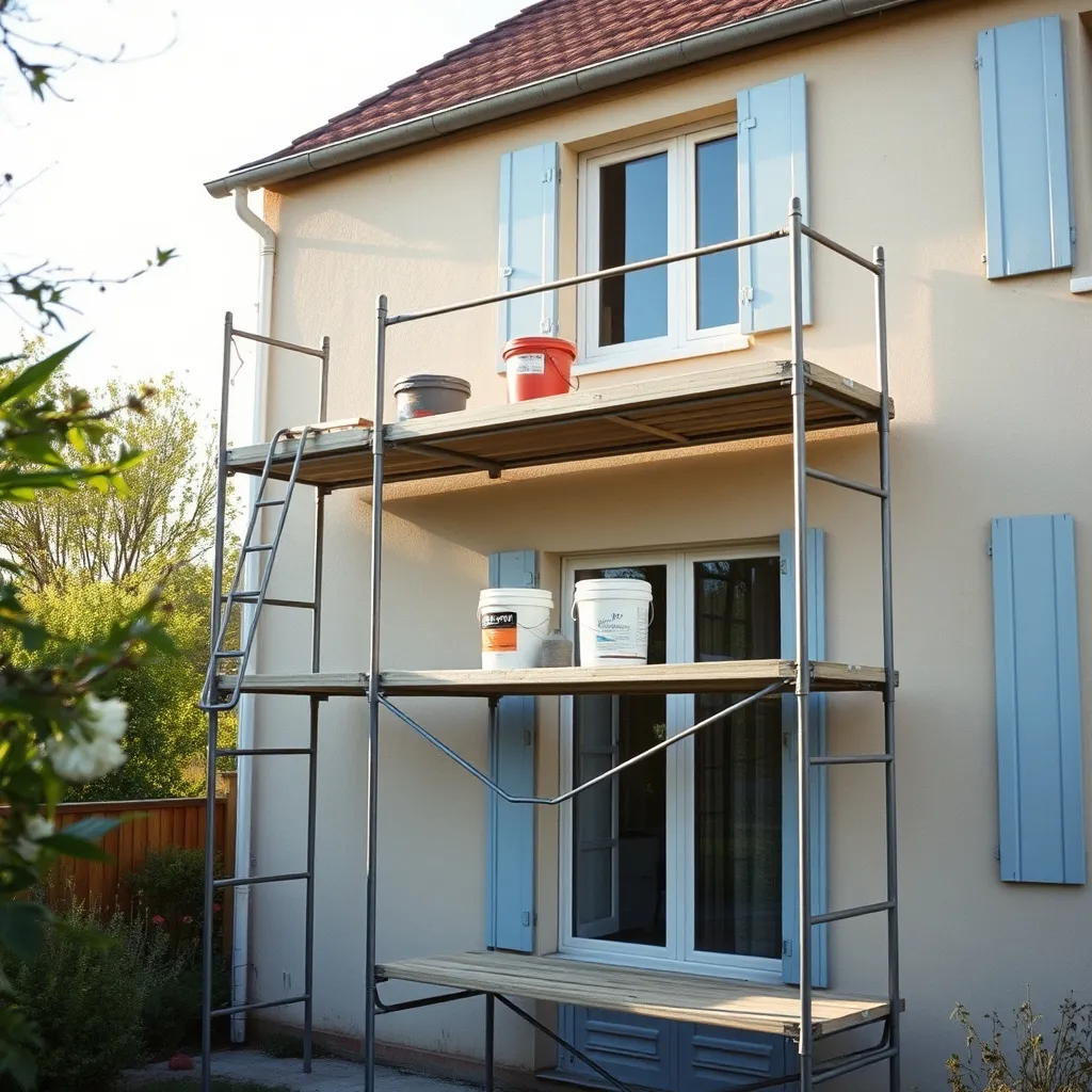 Échafaudage installé autour d'une maison pour un ravalement de façade complet