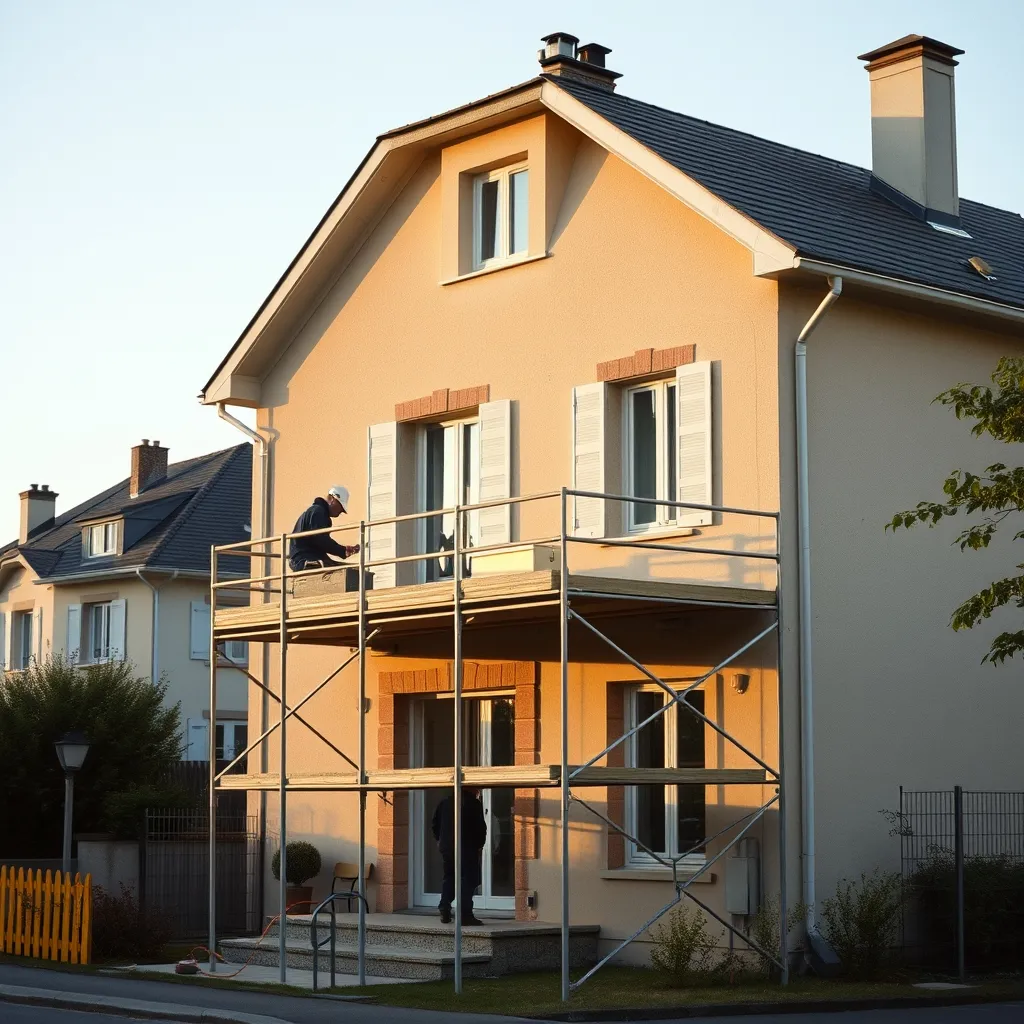 Échafaudage installé pour le nettoyage d'une façade à l'étage