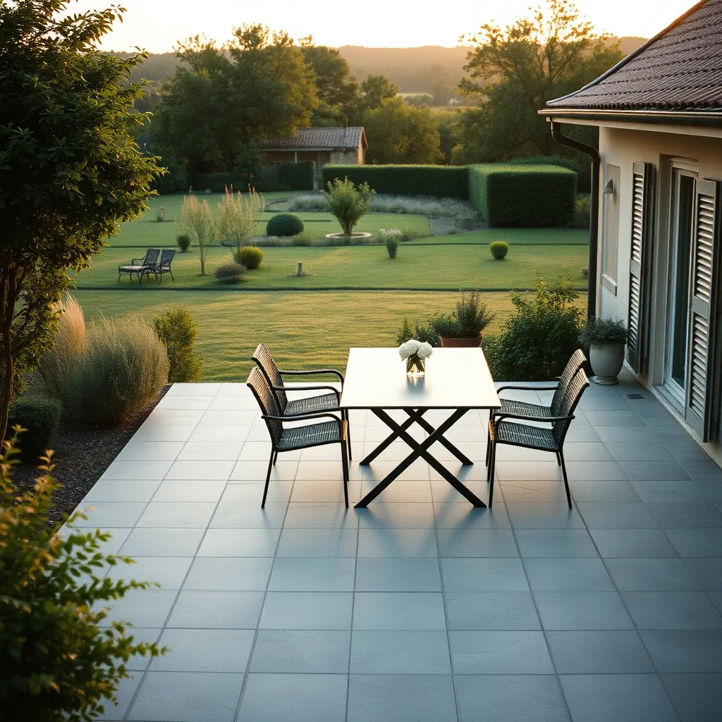Terrasse carrelée en 60x60 terminée, prête à recevoir le mobilier de jardin