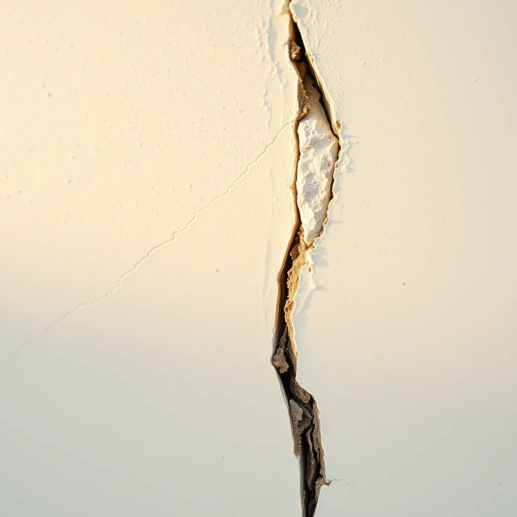 Différents types de fissures sur un mur extérieur : microfissure et fissure structurelle côte à côte