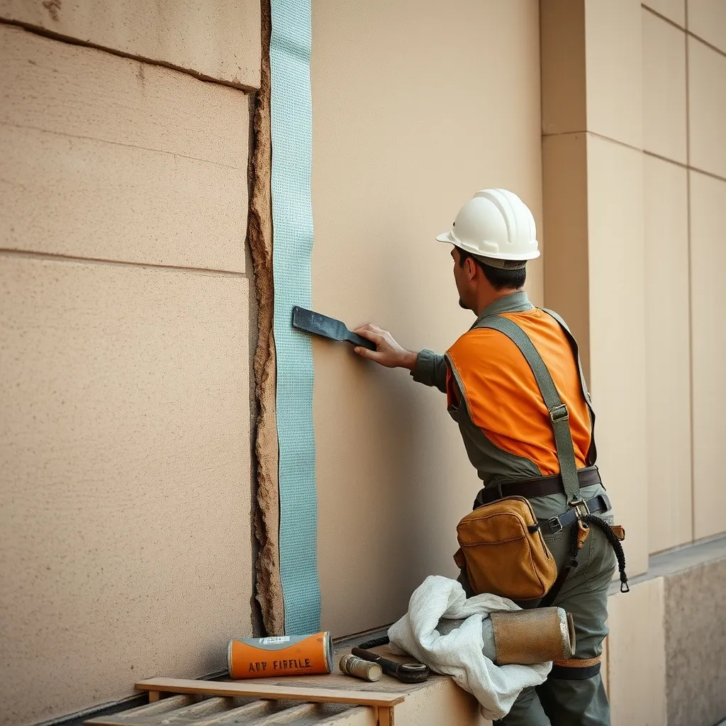 Application d'un calicot armé et d'un mortier de réparation sur une fissure de façade