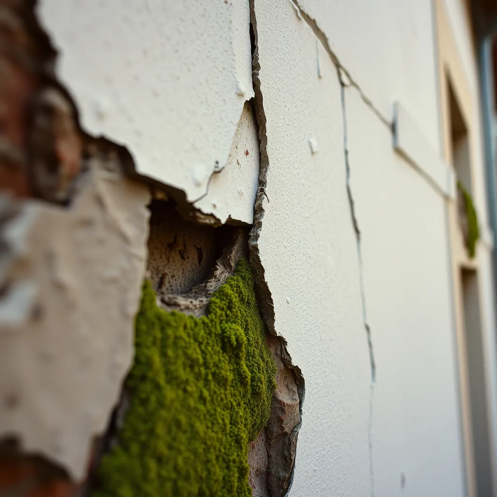 Façade dégradée présentant des fissures, des décollements d'enduit et des traces de mousse