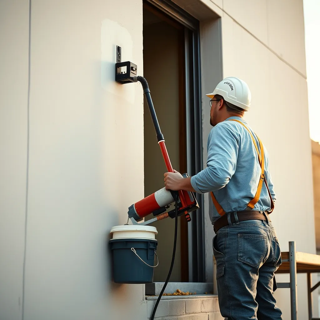Façadier projetant un enduit monocouche à la machine sur un mur extérieur