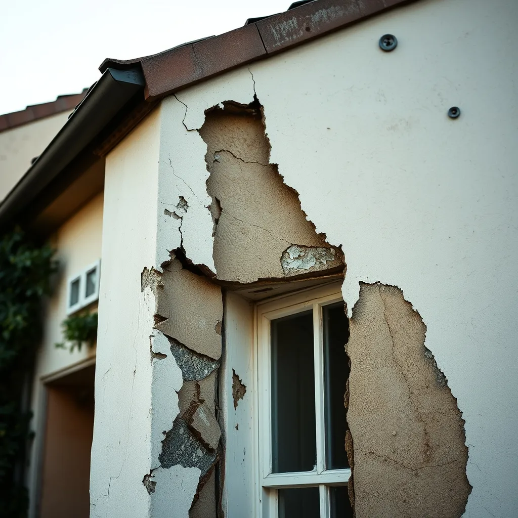 Façade dégradée présentant des fissures, un enduit décollé et des traces de mousse nécessitant une rénovation