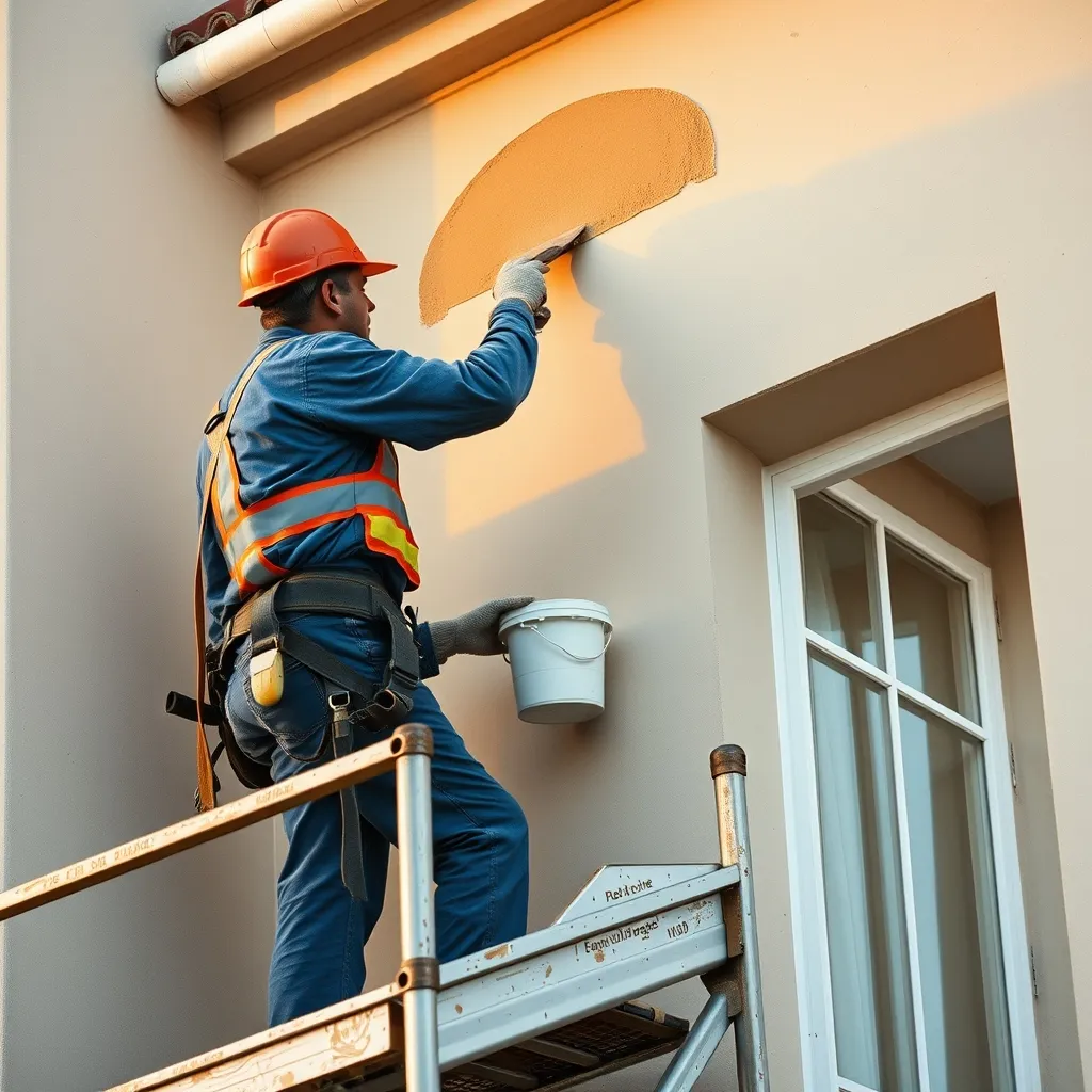 Façadier appliquant un enduit de finition sur une maison en cours de rénovation