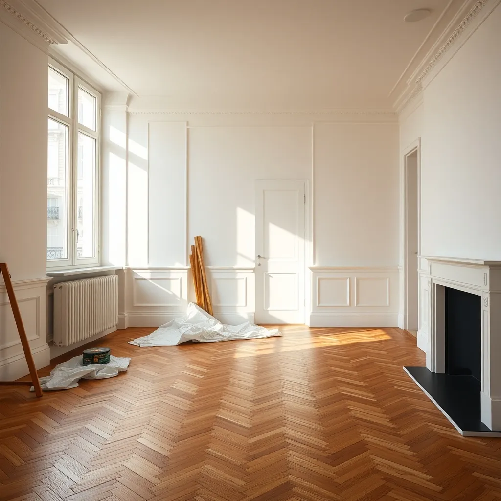 Appartement parisien en cours de rénovation avec parquet ancien restauré